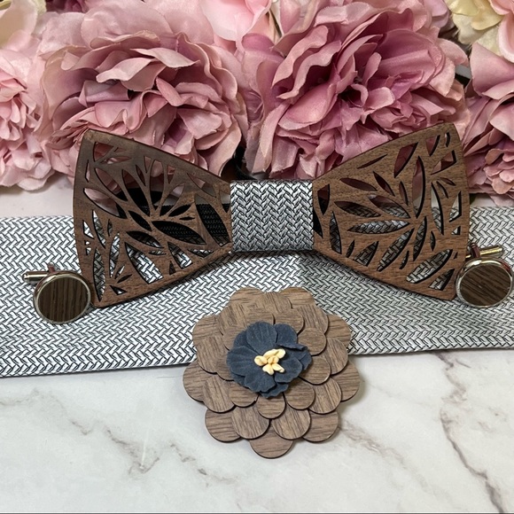 Handmade Wood Butterfly Bow Tie Cufflinks Blue Pocket Square & Boutonnière Set - Picture 4 of 16